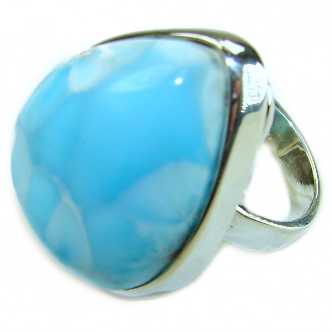 Caribbean Beauty 38.5 carat Genuine perfectly Blue Larimar .925 Sterling Silver handmade LARGE ring size 8 adjustable - Stone close-up of Caribbean Beauty 38.5 carat Genuine Blue Larimar ring