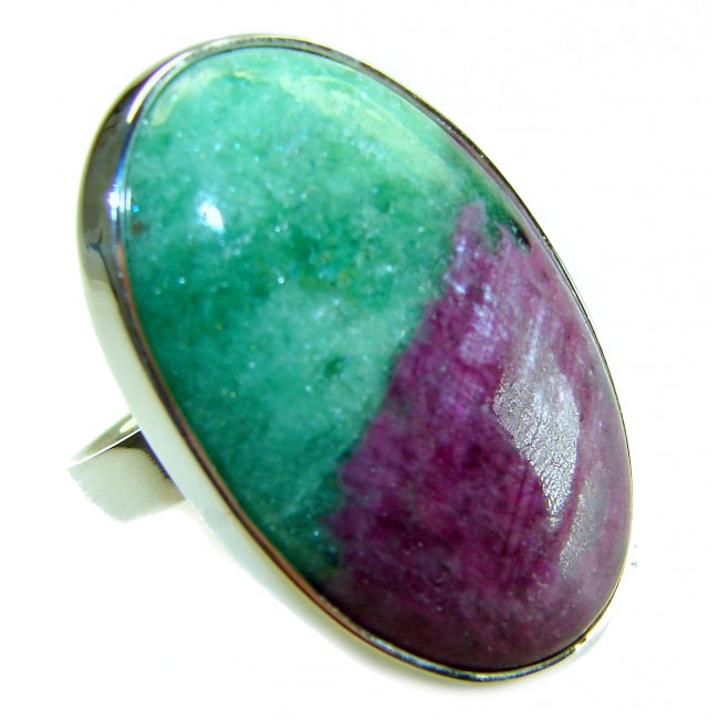 Authentic Ruby in Zoisite .925 Sterling Silver handmade Cocktail Ring s. 8 adjustable - Ruby in Zoisite ring close-up, .925 Sterling Silver setting.