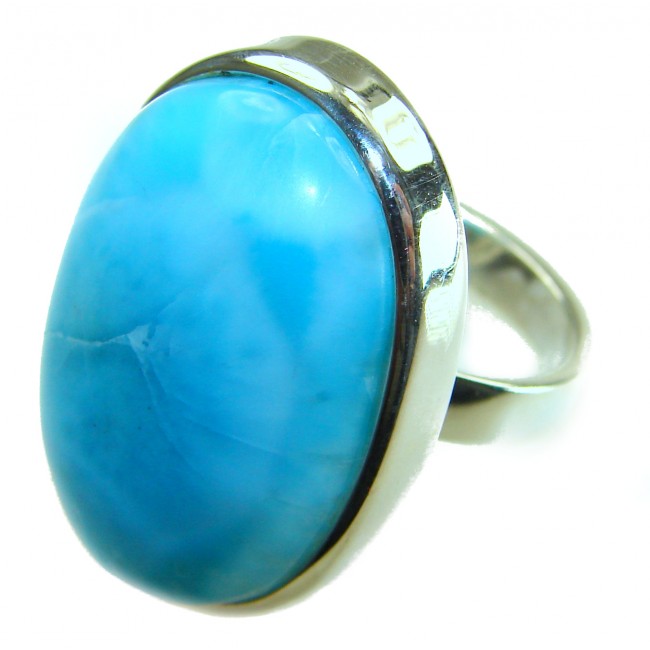 Blue Perfection AAAA QUALITY Blue Larimar .925 Sterling Silver handmade Large ring size 8 adjustable - Close-up of blue Larimar stone on a sterling silver ring.