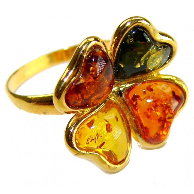 Beauty of the Nature Baltic Amber 14K Gold over .925 Sterling Silver handcrafted ring; s. 6 1/4 - Close-up of Baltic amber and gold ring with heart-shaped stones.