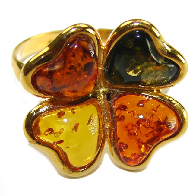 Beauty of the Nature Baltic Amber 14K Gold over .925 Sterling Silver handcrafted ring; s. 6 1/4 - Close-up of heart-shaped Baltic amber ring in 14K gold over .925 silver.