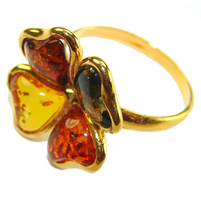 Beauty of the Nature Baltic Amber 14K Gold over .925 Sterling Silver handcrafted ring; s. 6 1/4 - Three-quarter view of Baltic Amber ring with heart-shaped stones.
