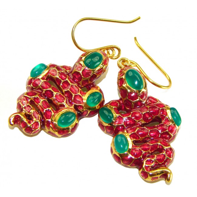 Red Cobra Snakes Genuine Enamel Ruby 24K Gold over .925 Sterling Silver handcrafted Earrings - Red cobra snake earrings with green stones, front view.