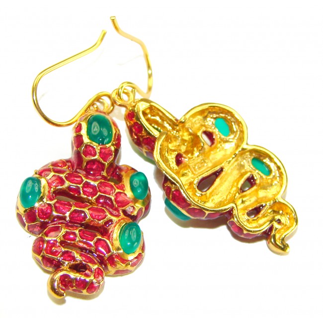 Red Cobra Snakes Genuine Enamel Ruby 24K Gold over .925 Sterling Silver handcrafted Earrings - Red cobra earrings with ruby detail, 24K gold, close-up angle.
