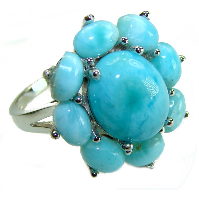 Caribbean Beauty 12.5 carat Genuine Blue Larimar .925 Sterling Silver handmade ring size 7 - Close-up of Caribbean Beauty blue Larimar ring in silver setting