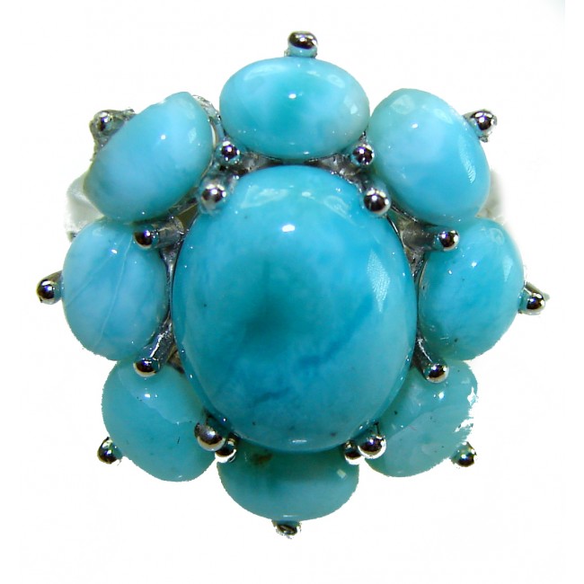 Caribbean Beauty 12.5 carat Genuine Blue Larimar .925 Sterling Silver handmade ring size 7 - Close-up of Caribbean Beauty 12.5 carat Genuine Blue Larimar ring