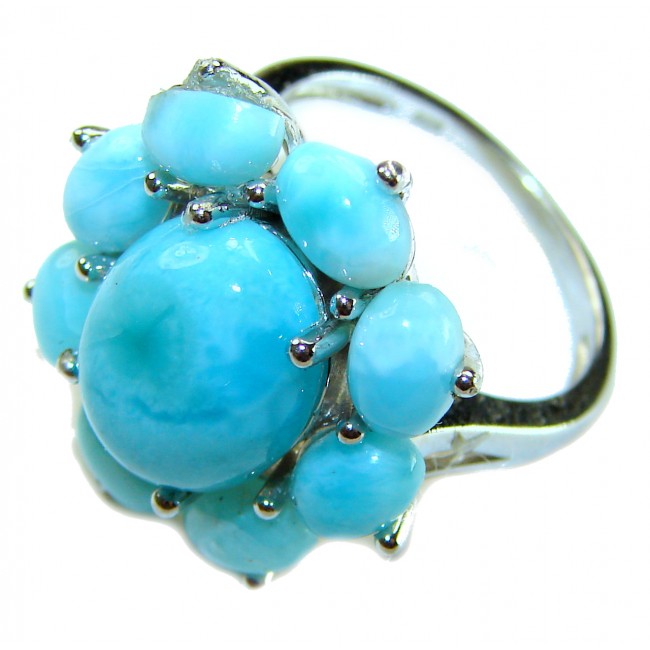 Caribbean Beauty 12.5 carat Genuine Blue Larimar .925 Sterling Silver handmade ring size 7 - Close-up of blue larimar ring, front view showing stone details.