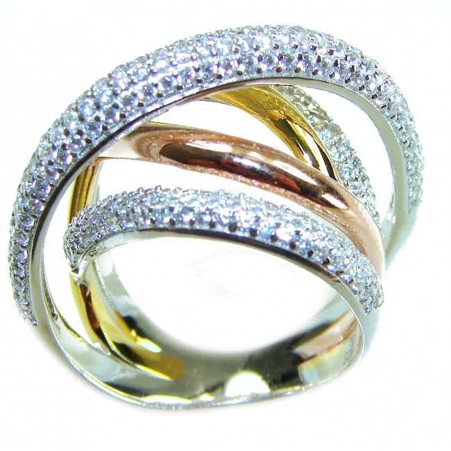Golden Galaxy Genuine 8.8 carat 18K White Gold over .925 Sterling Silver handmade Ring size 7 1/4 - Three-band ring in white, yellow, and rose gold with diamonds, angled view.