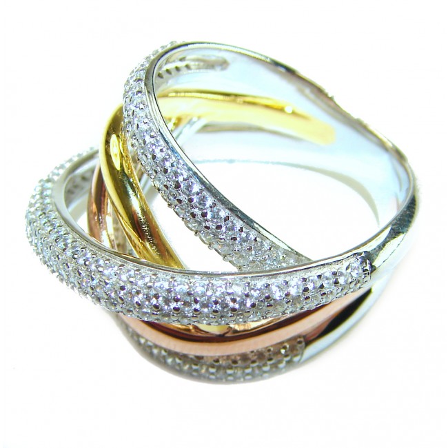 Golden Galaxy Genuine 8.8 carat 18K White Gold over .925 Sterling Silver handmade Ring size 7 1/4 - Triple band ring with diamonds, side view, gold and white gold accents.