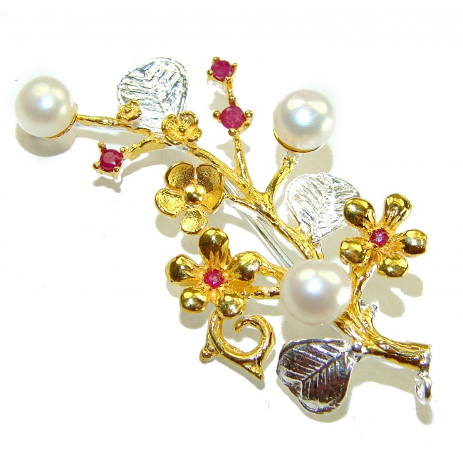 Floral Design Genuine Pearl Ruby 14K Gold .925 Sterling Silver handmade Pendant Brooch