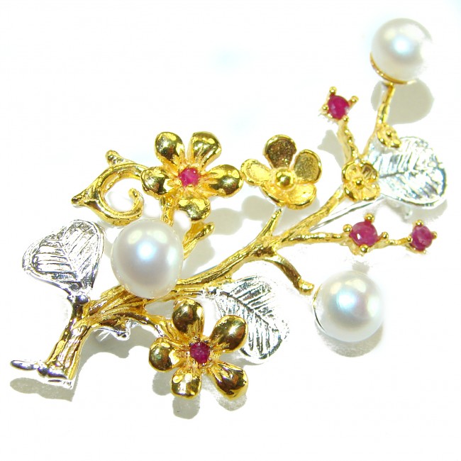 Floral Design Genuine Pearl Ruby 14K Gold .925 Sterling Silver handmade Pendant Brooch