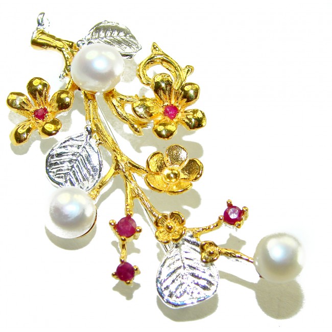 Floral Design Genuine Pearl Ruby 14K Gold .925 Sterling Silver handmade Pendant Brooch