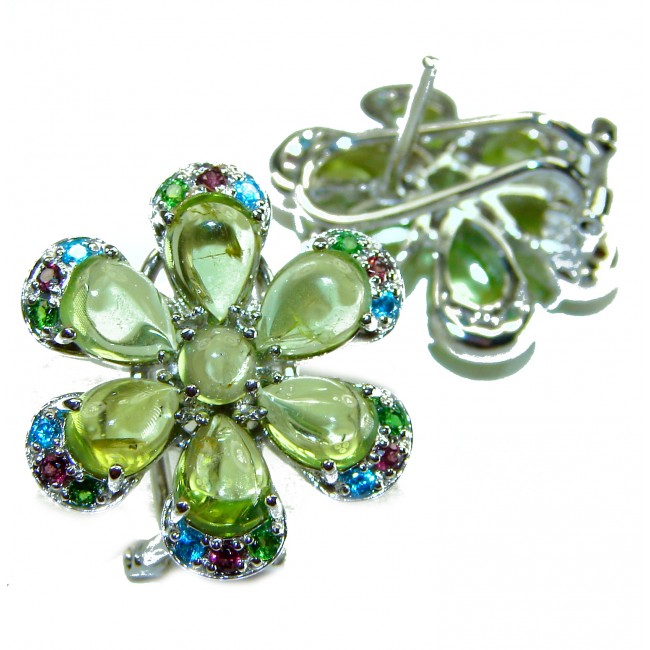 Evergreen authentic 25.5 carat Peridot .925 Sterling Silver handcrafted Large Statement earrings - Close-up of floral Peridot earrings set in .925 Sterling Silver.