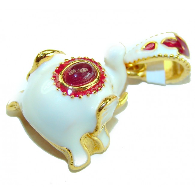 White Elephant Enamel Ruby 18K Gold over .925 Sterling Silver handmade Pendant
