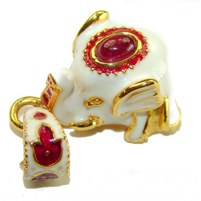 White Elephant Enamel Ruby 18K Gold over .925 Sterling Silver handmade Pendant