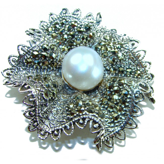 Genuine white Pearl Marcasite .925 Sterling Silver handcrafted Brooch