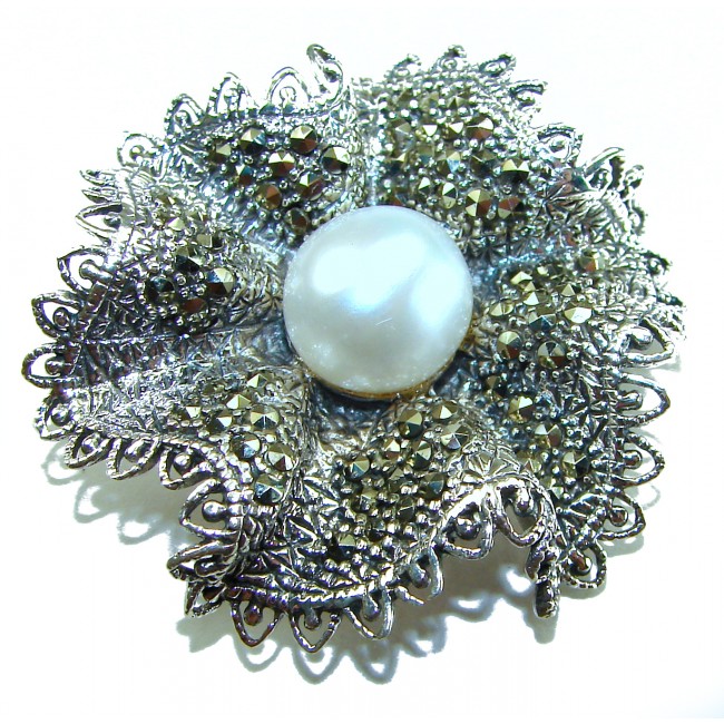 Genuine white Pearl Marcasite .925 Sterling Silver handcrafted Brooch