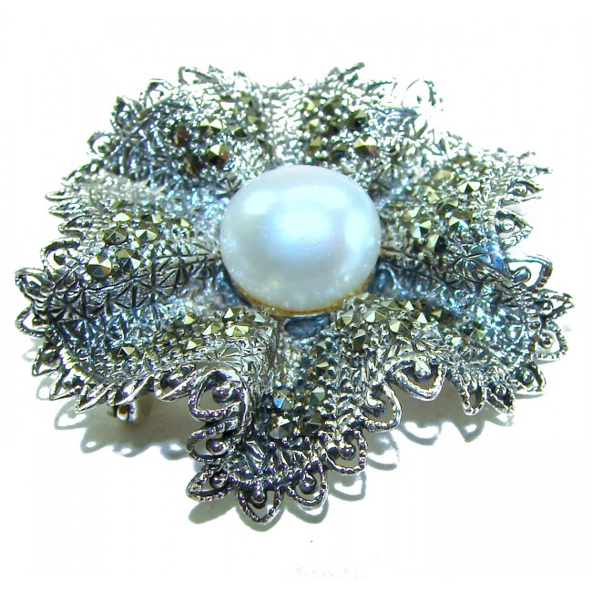 Genuine white Pearl Marcasite .925 Sterling Silver handcrafted Brooch