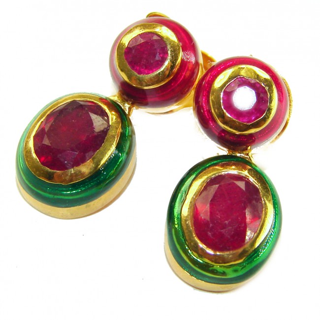 Countless Blessings Genuine 4.5 carat Authentic Ruby enamel 18K Gold over .925 Sterling Silver handcrafted earrings - Ruby enamel earrings, top view, showcasing gems and gold trim.