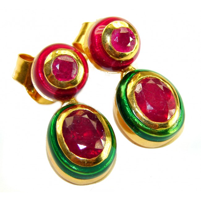 Countless Blessings Genuine 4.5 carat Authentic Ruby enamel 18K Gold over .925 Sterling Silver handcrafted earrings - Close-up of Countless Blessings ruby earrings with gold and enamel detail.
