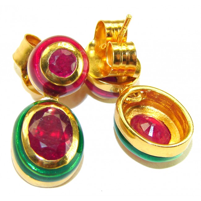 Countless Blessings Genuine 4.5 carat Authentic Ruby enamel 18K Gold over .925 Sterling Silver handcrafted earrings - Close-up of Countless Blessings Ruby earrings, gold and enamel detail.