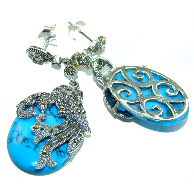 LARGE - Spectacular Peacocks Blue Turquoise .925 Sterling Silver handcrafted Earrings