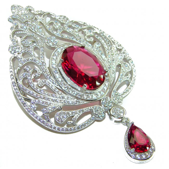 Heirloom Genuine 10.5 carat Kasmir Ruby .925 Sterling Silver handmade Pendant - Brooch - Ornate ruby and diamond brooch with intricate sterling silver design.