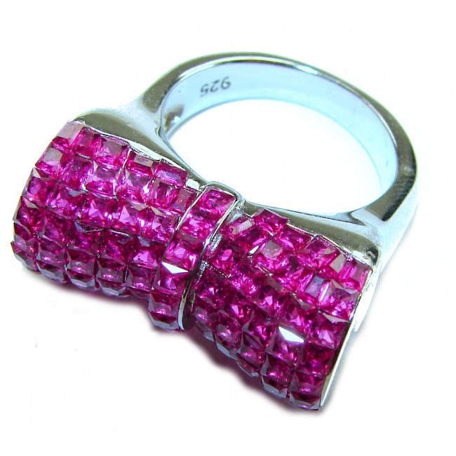 Luxurious Bow - natural 15.5 carat Ruby .925 Sterling Silver handmade Statement Ring size 6 1/2 - Bow-shaped ring with rubies, top view, .925 sterling silver band.