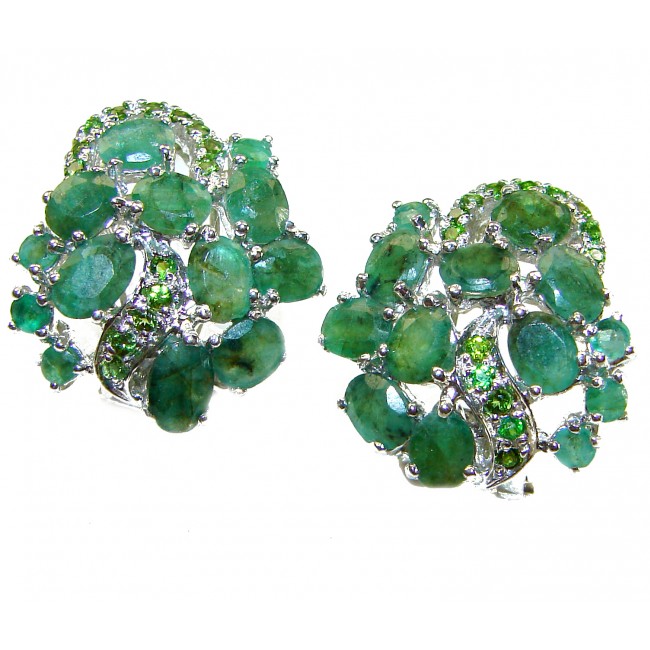 Born to Glam authentic 22.7 carat Colombian Emerald .925 Sterling Silver handcrafted Statement earrings - Close-up of Born to Glam 22.7 carat Colombian emerald earrings