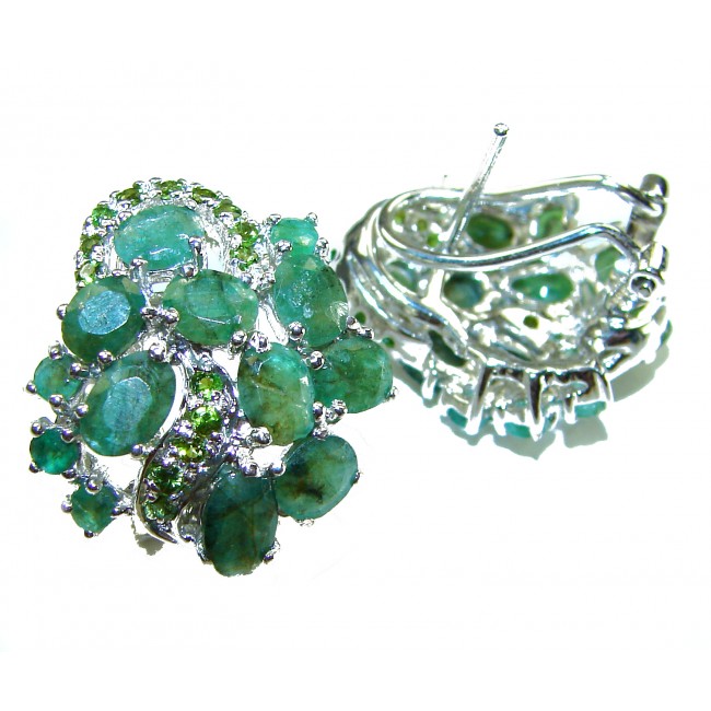Born to Glam authentic 22.7 carat Colombian Emerald .925 Sterling Silver handcrafted Statement earrings - Close-up of Born to Glam 22.7 carat Colombian emerald earrings