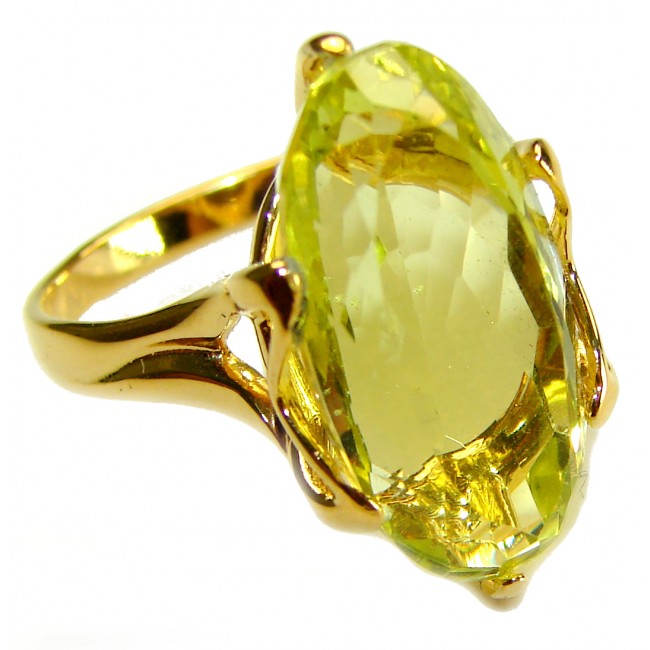 Solid 14.8 carat Genuine Lemon Quartz 18K Gold over .925 Sterling Silver handcrafted ring size 9