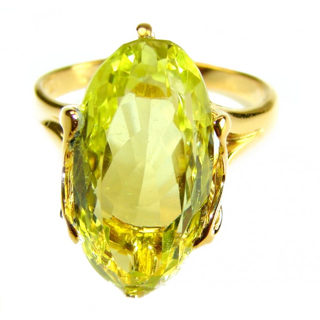 Solid 14.8 carat Genuine Lemon Quartz 18K Gold over .925 Sterling Silver handcrafted ring size 9