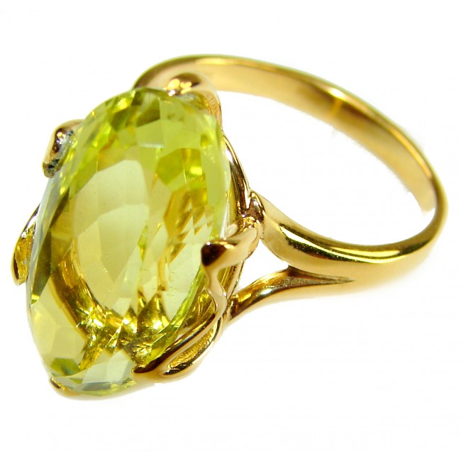 Solid 14.8 carat Genuine Lemon Quartz 18K Gold over .925 Sterling Silver handcrafted ring size 9