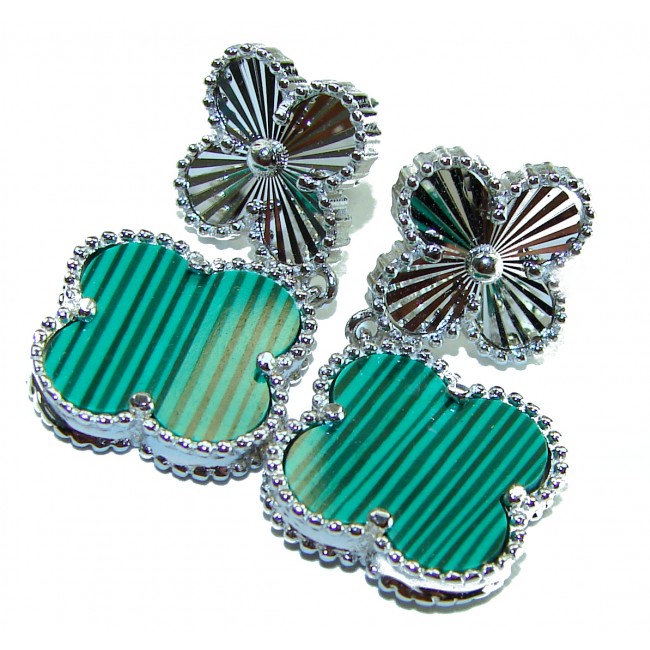 Outstanding inlay authentic Malachite Lucky Four Leaf Clover .925 Sterling Silver Earrings