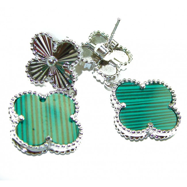 Outstanding inlay authentic Malachite Lucky Four Leaf Clover .925 Sterling Silver Earrings