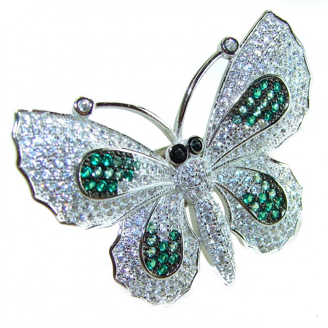 Precious Butterfly Genuine 10.5 carat Emerald .925 Sterling Silver handmade LARGE Statement Ring size 8 - photo 3