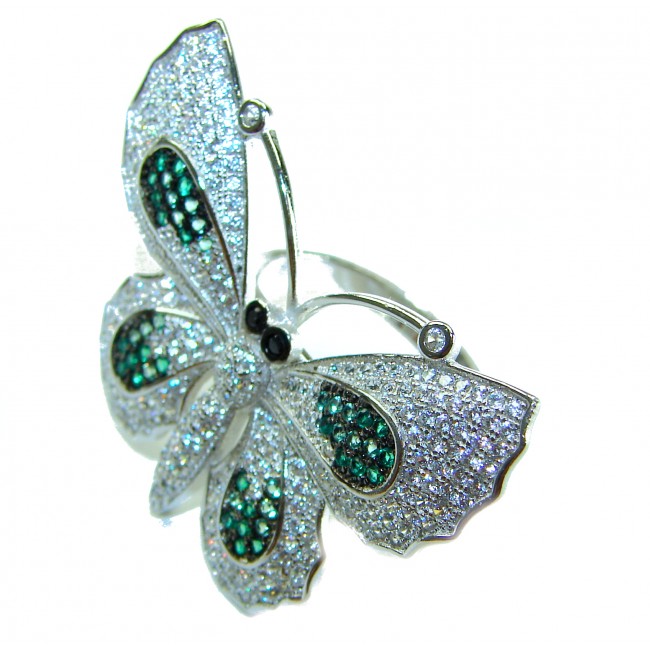 Precious Butterfly Genuine 10.5 carat Emerald .925 Sterling Silver handmade LARGE Statement Ring size 8 - photo 2