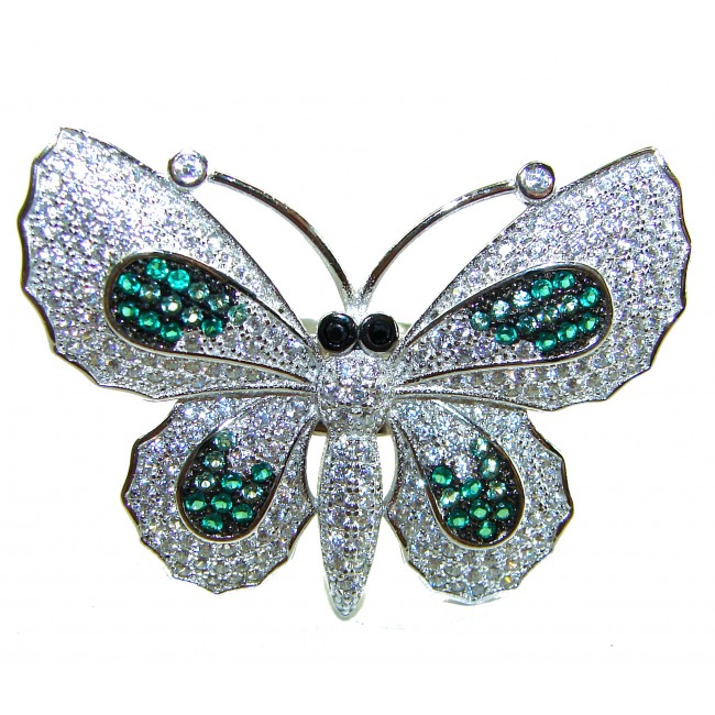 Precious Butterfly Genuine 10.5 carat Emerald .925 Sterling Silver handmade LARGE Statement Ring size 8 - photo 1
