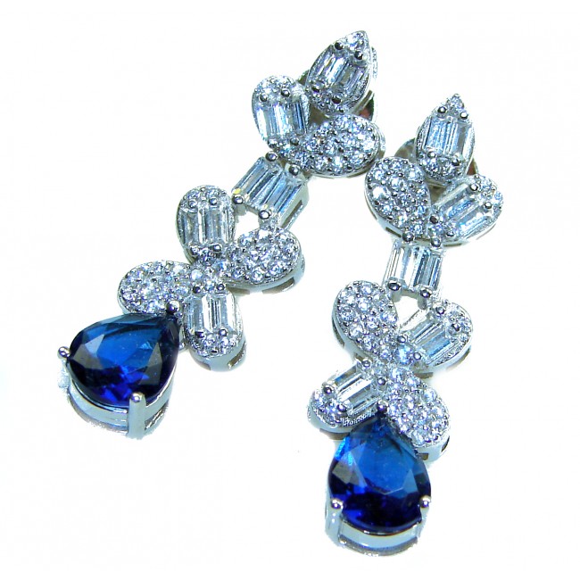 Art Deco - Luxurious natural 10.5 carat Sapphire .925 Sterling Silver Perfectly handcrafted earrings - Luxurious sapphire earrings, top view, with diamond accents in sterling silver.