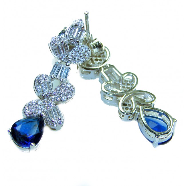 Art Deco - Luxurious natural 10.5 carat Sapphire .925 Sterling Silver Perfectly handcrafted earrings - Earrings with sapphire and diamond detail, front and back view.