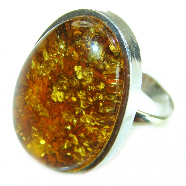 Beauty of the Nature Baltic Amber .925 Sterling Silver handcrafted ring; s. 7 adjustable - Close-up of Baltic amber ring in sterling silver setting.