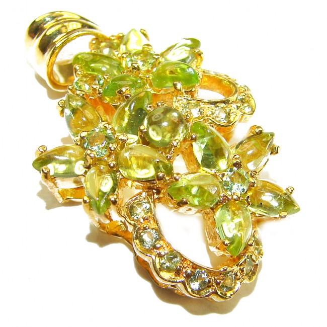 Alessia authentic 22.9 carat genuine Brazilian Peridot 14K Gold over .925 Sterling Silver handmade pendant - Side view of Alessia 22.9 ct Brazilian Peridot gold jewelry piece.