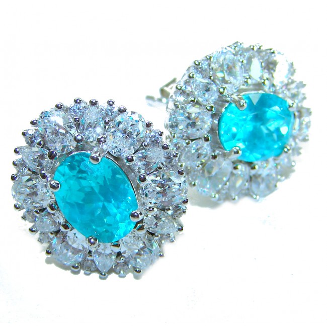 Royalty oval cut 4.2 carat Paraiba Tourmaline .925 Sterling Silver entirely handmade earrings