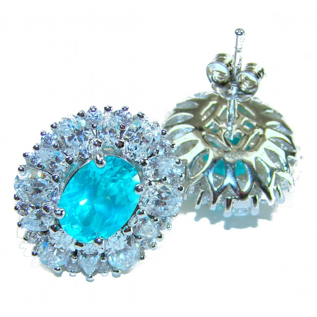 Royalty oval cut 4.2 carat Paraiba Tourmaline .925 Sterling Silver entirely handmade earrings