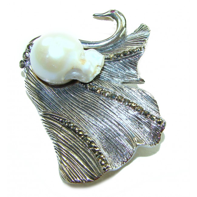 Perfect Swan Mother of Pearl Ruby .925 Sterling Silver handmade Pendant Brooch