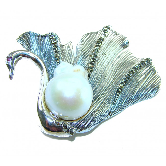 Perfect Swan Mother of Pearl Ruby .925 Sterling Silver handmade Pendant Brooch
