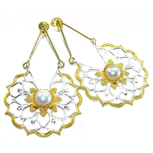 Long- Genuine Pearl 14K Gold over .925 Sterling Silver handcrafted Statement Earrings