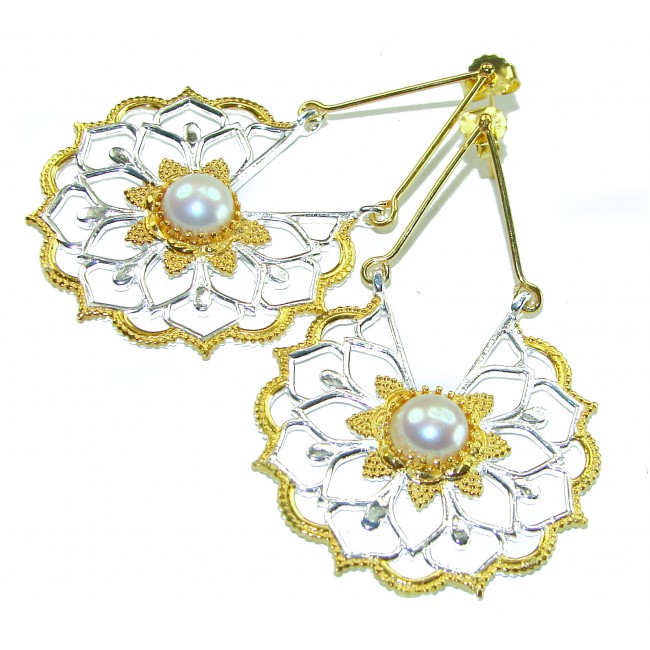 Long- Genuine Pearl 14K Gold over .925 Sterling Silver handcrafted Statement Earrings