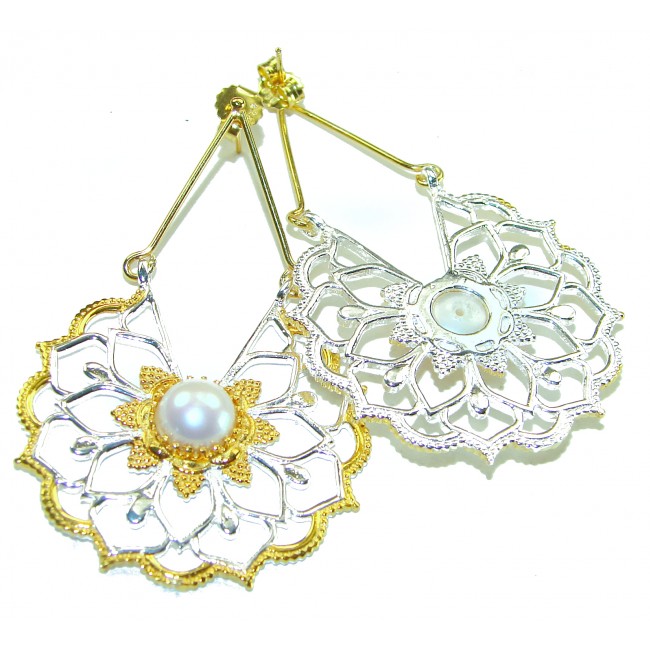 Long- Genuine Pearl 14K Gold over .925 Sterling Silver handcrafted Statement Earrings
