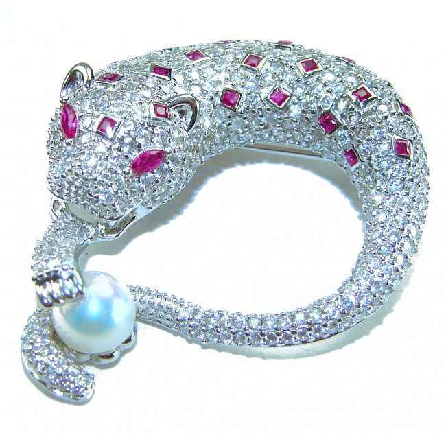 Gephard Natural 7.8 carat Ruby Pearl .925 Sterling Silver handmade pendant - Panther-shaped bracelet with rubies and pearl, top view detailing stones.